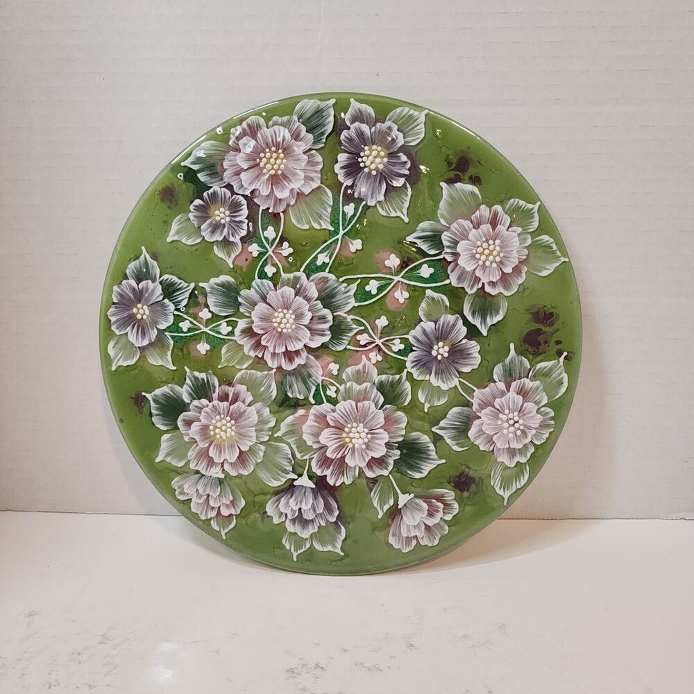 Fused Glass Hand Painted White Flowers On Green Purple Pink Glass 10" Round Flat